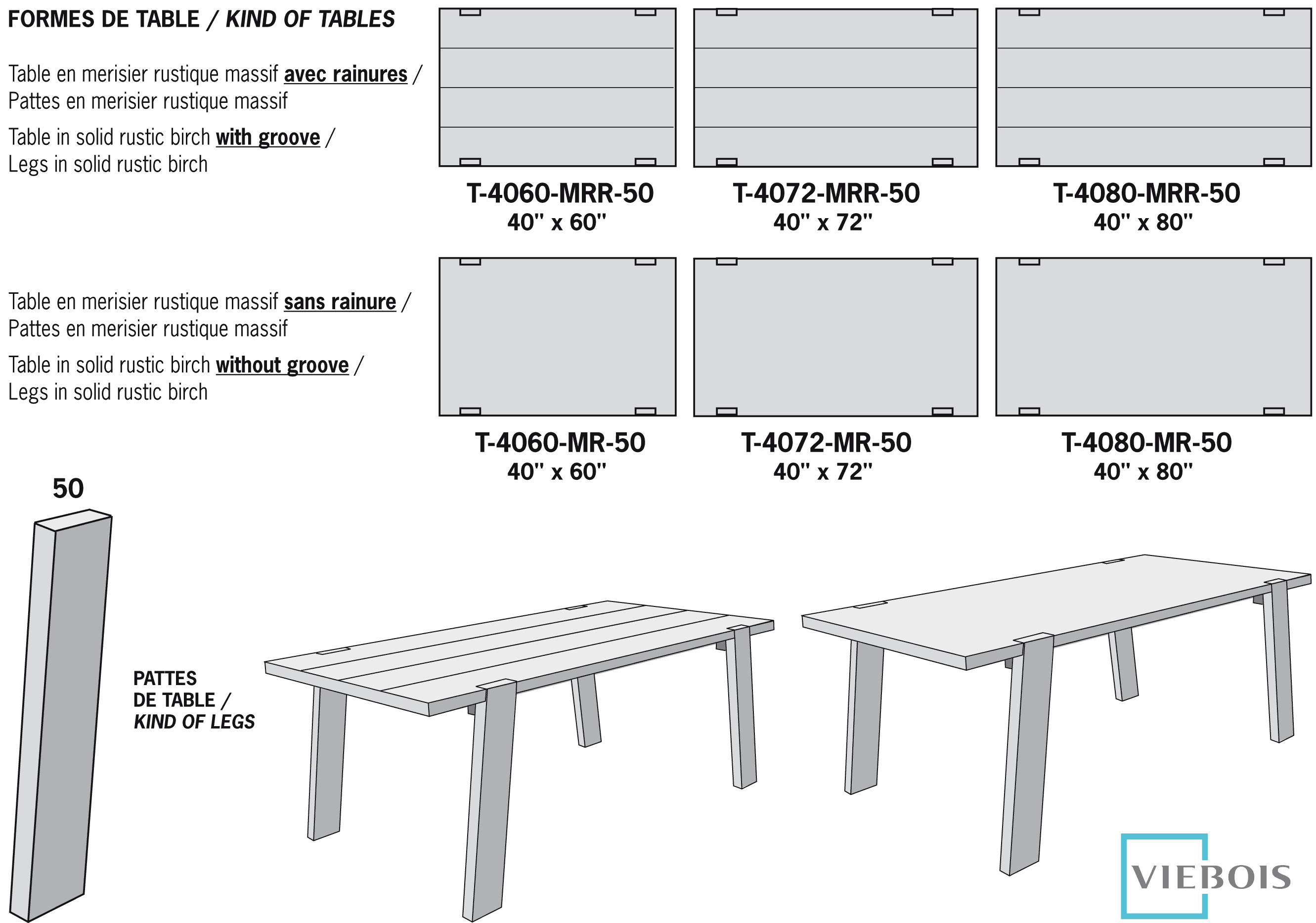 Table in solid rustic birch without groove
