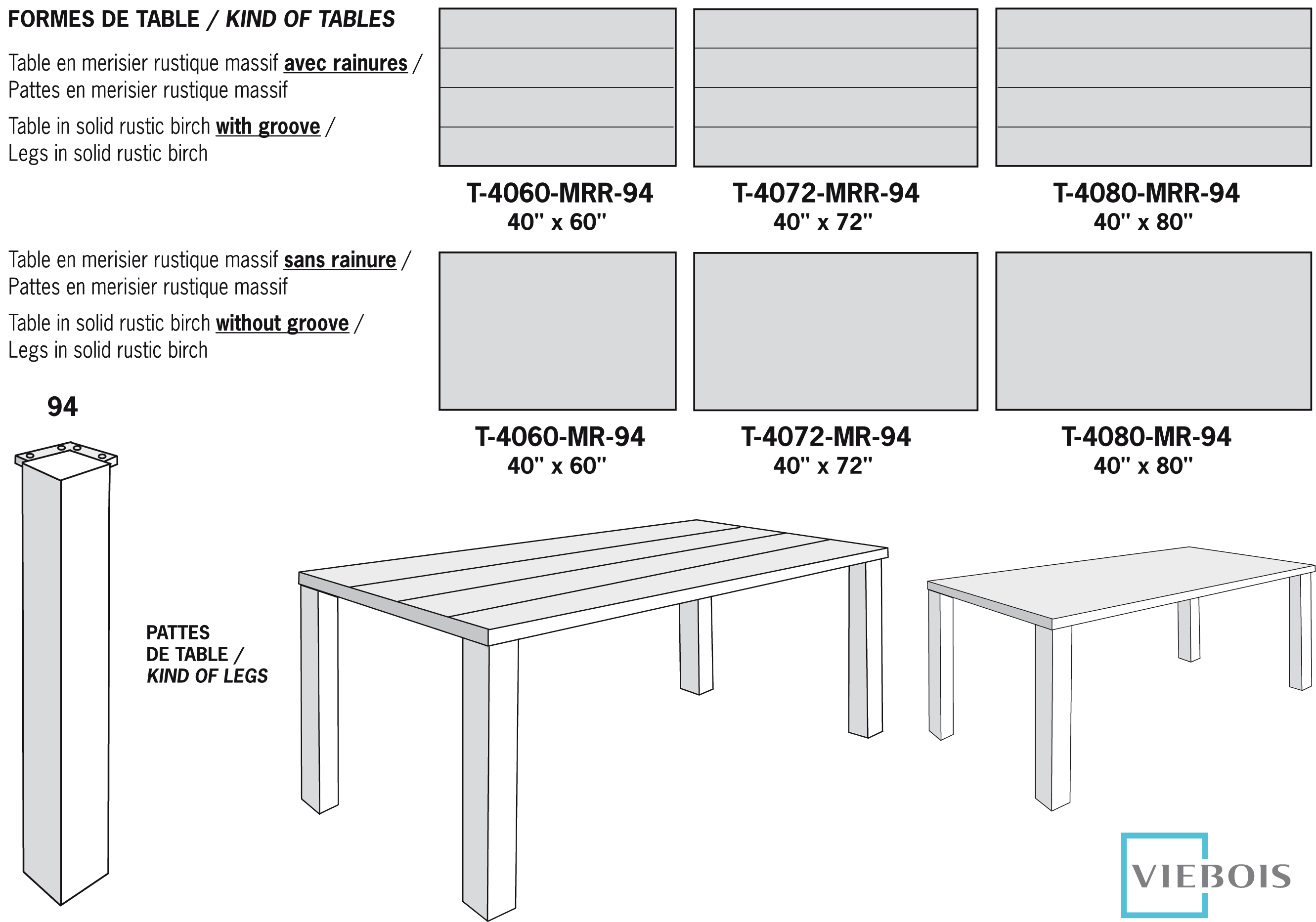 Table in solid rustic birch without groove